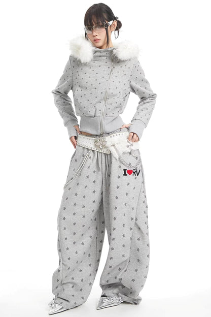 회색 별 프린트 와이드 레그 팬츠