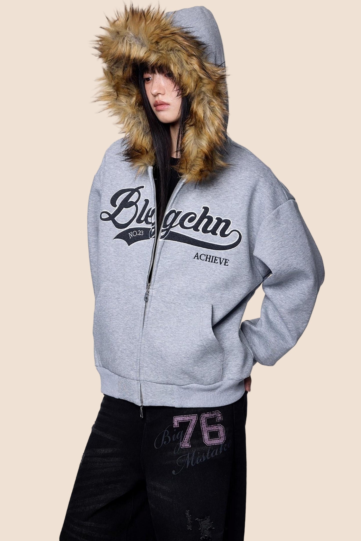 Embroidered Fur Collar Hooded Cardigan