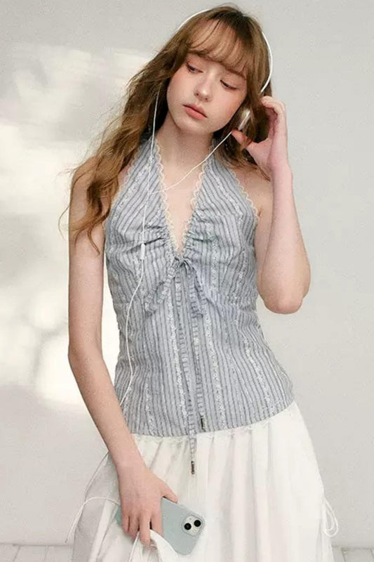 V-Neck Lace Drawstring Top