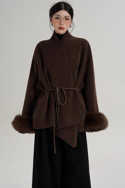 Elegant Fox Fur Sleeve Wool Coat