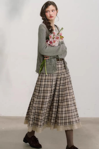 Cotton Lace Plaid Skirt