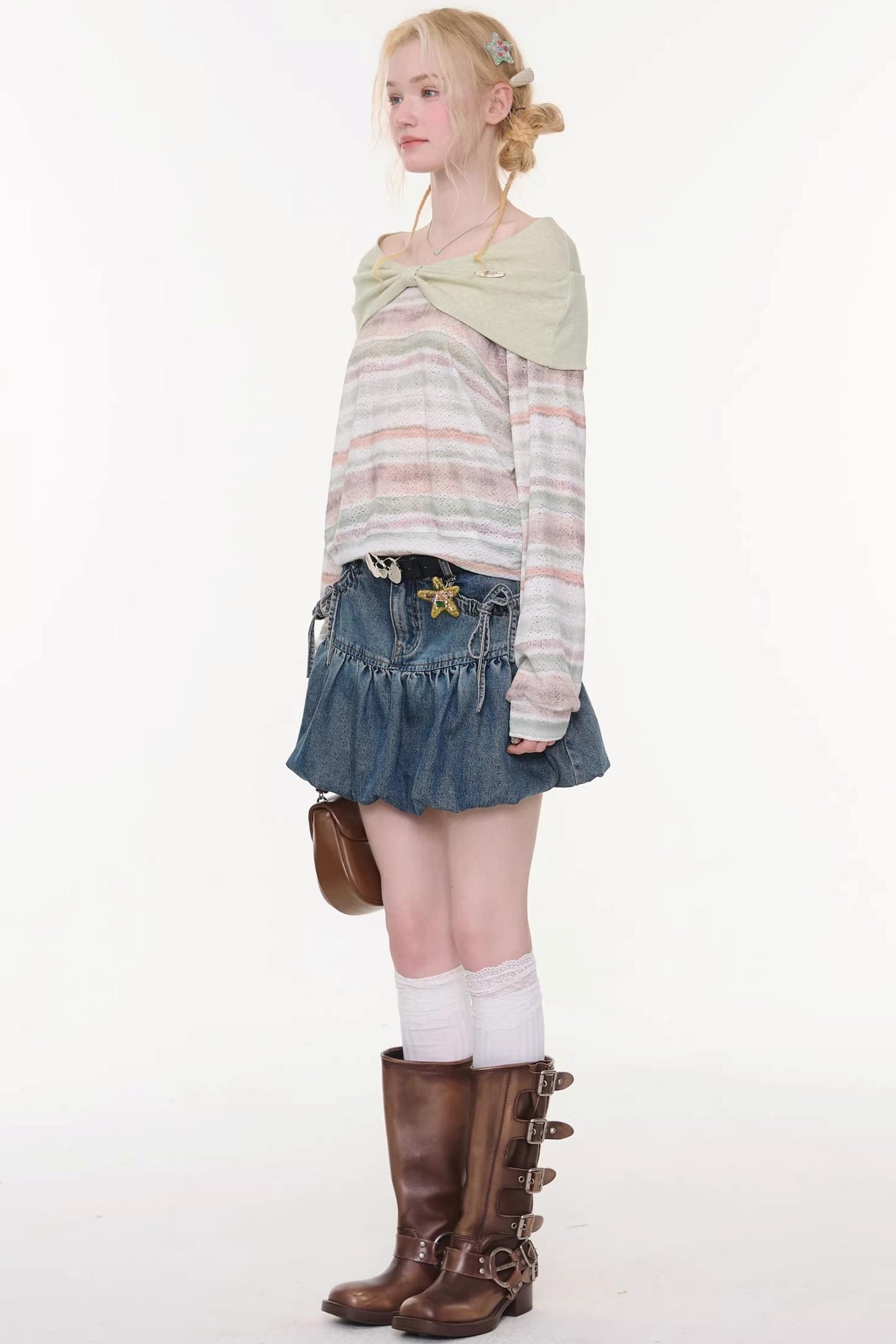 Sweet Bubble Bowknot Denim Skirt