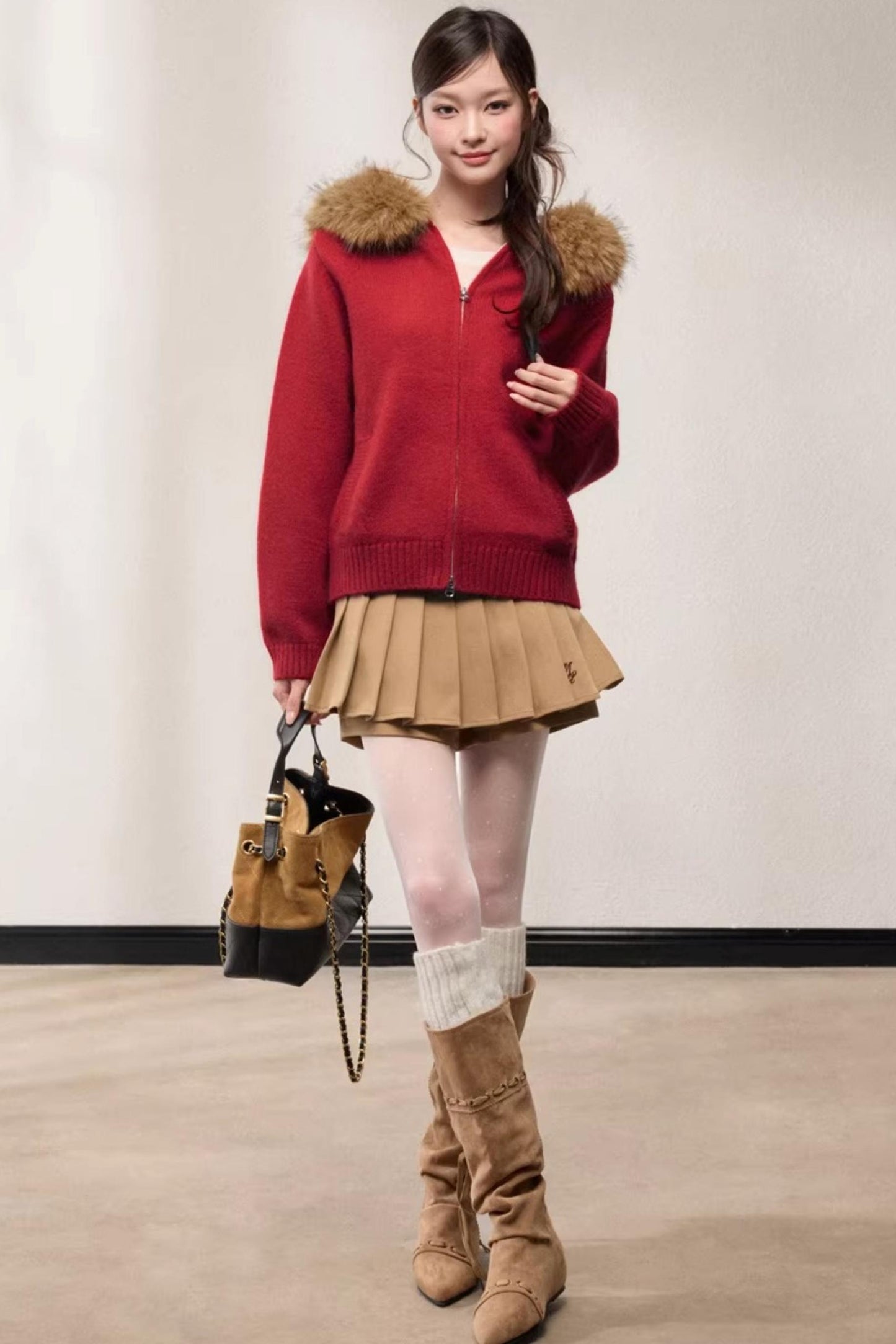 Fur Collar Hooded Knit Cardigan