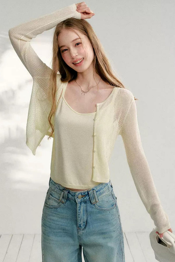 Hollow Knit Cardigan Set