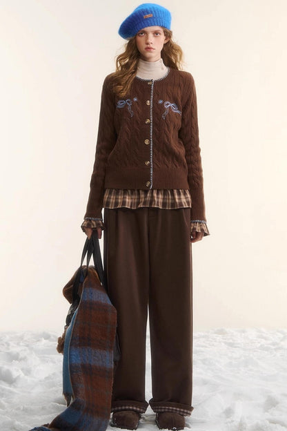 Plaid Fleece-Lined Wide-Leg Pants