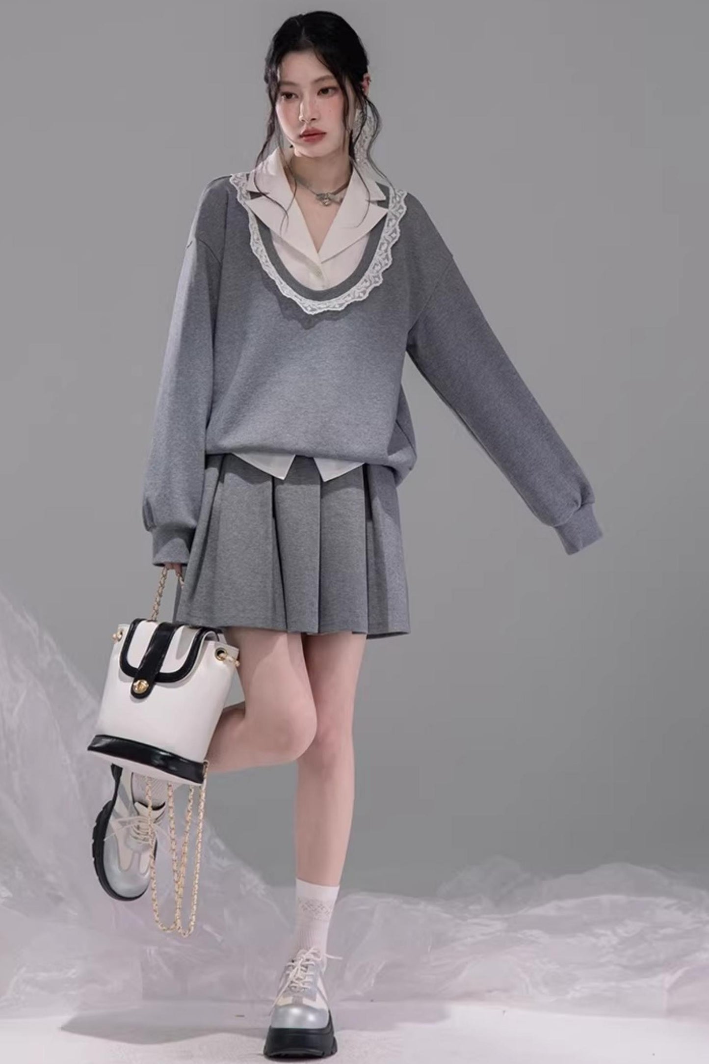 Chenwu Gray Pleated Three-Piece Set