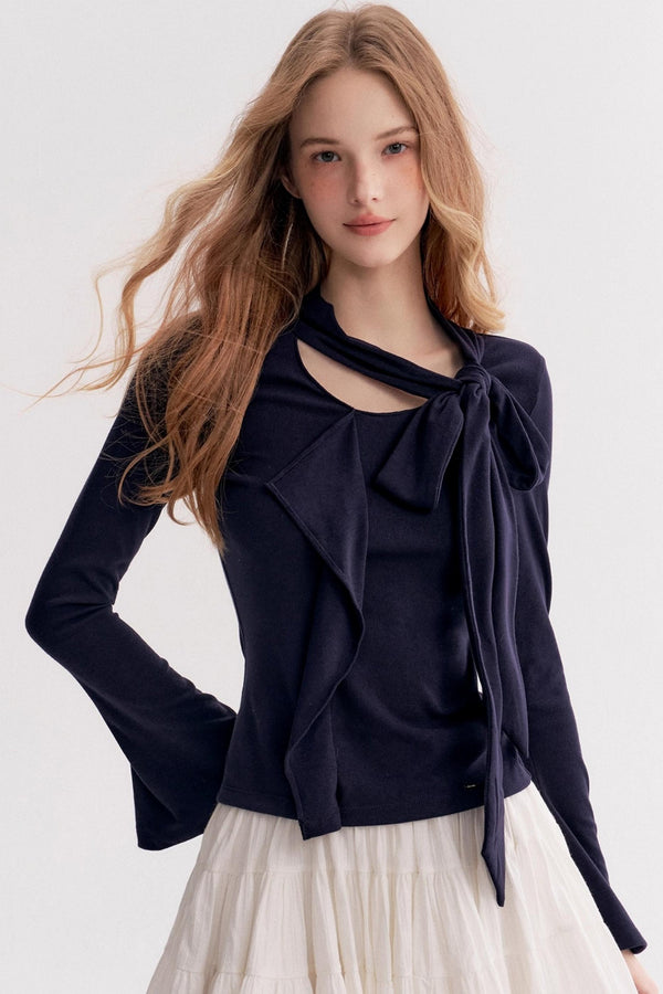 Romantic French Streamer Bow V-Neck Slim T-Shirt