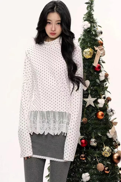Polka Dot Lace Turtleneck Top