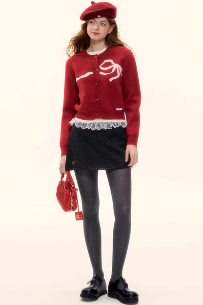 Bow Jacquard Cardigan Sweater
