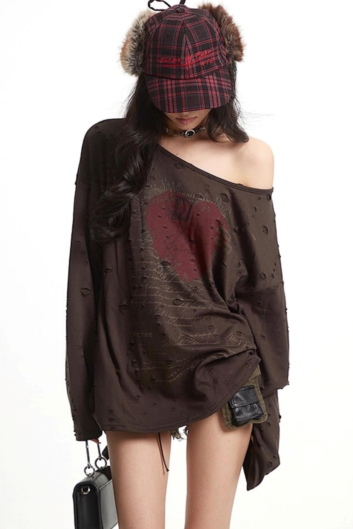 Vintage Love Print Slanted Shoulder T-Shirt