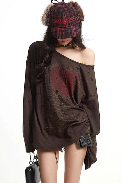 Vintage Love Print Slanted Shoulder T-Shirt