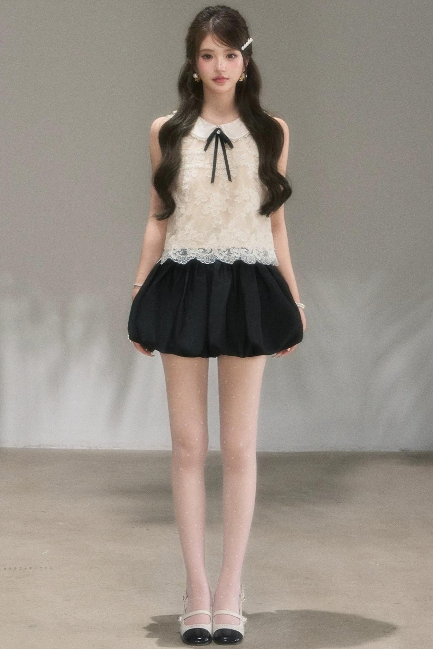 Doll Collar Lace Top and Floral Skirt Set-Up