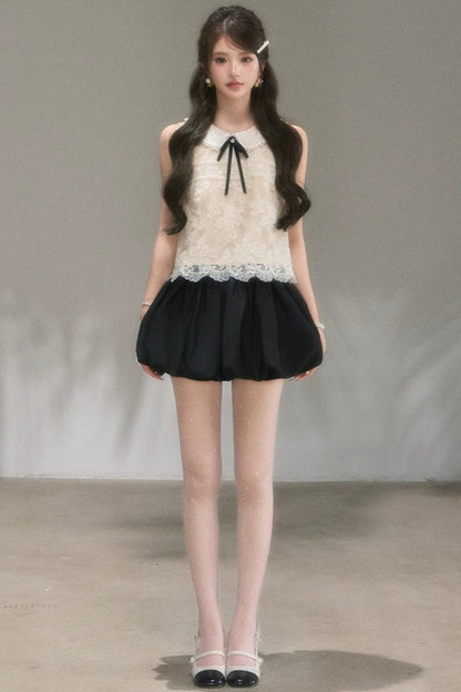 Doll Collar Lace Top and Floral Skirt Set-Up