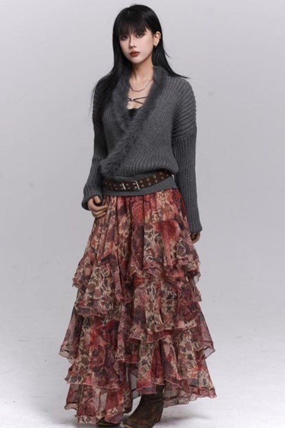 Red Floral Tiered Skirt