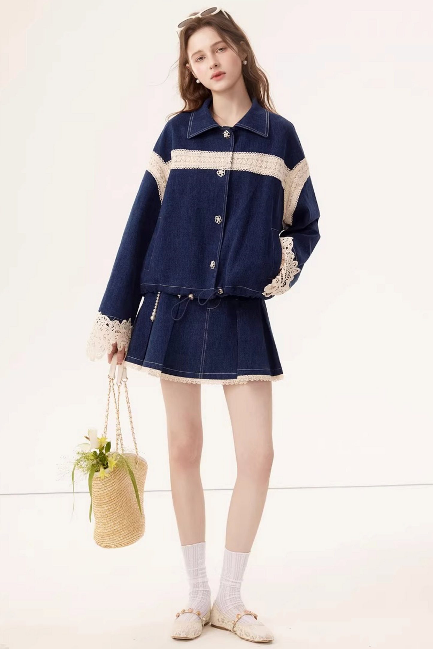 Retro Denim Lace Jacket Set