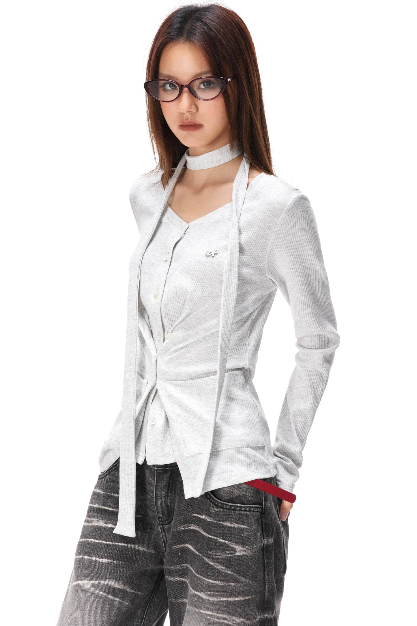 Fine Ribbed Knit Cardigan Top