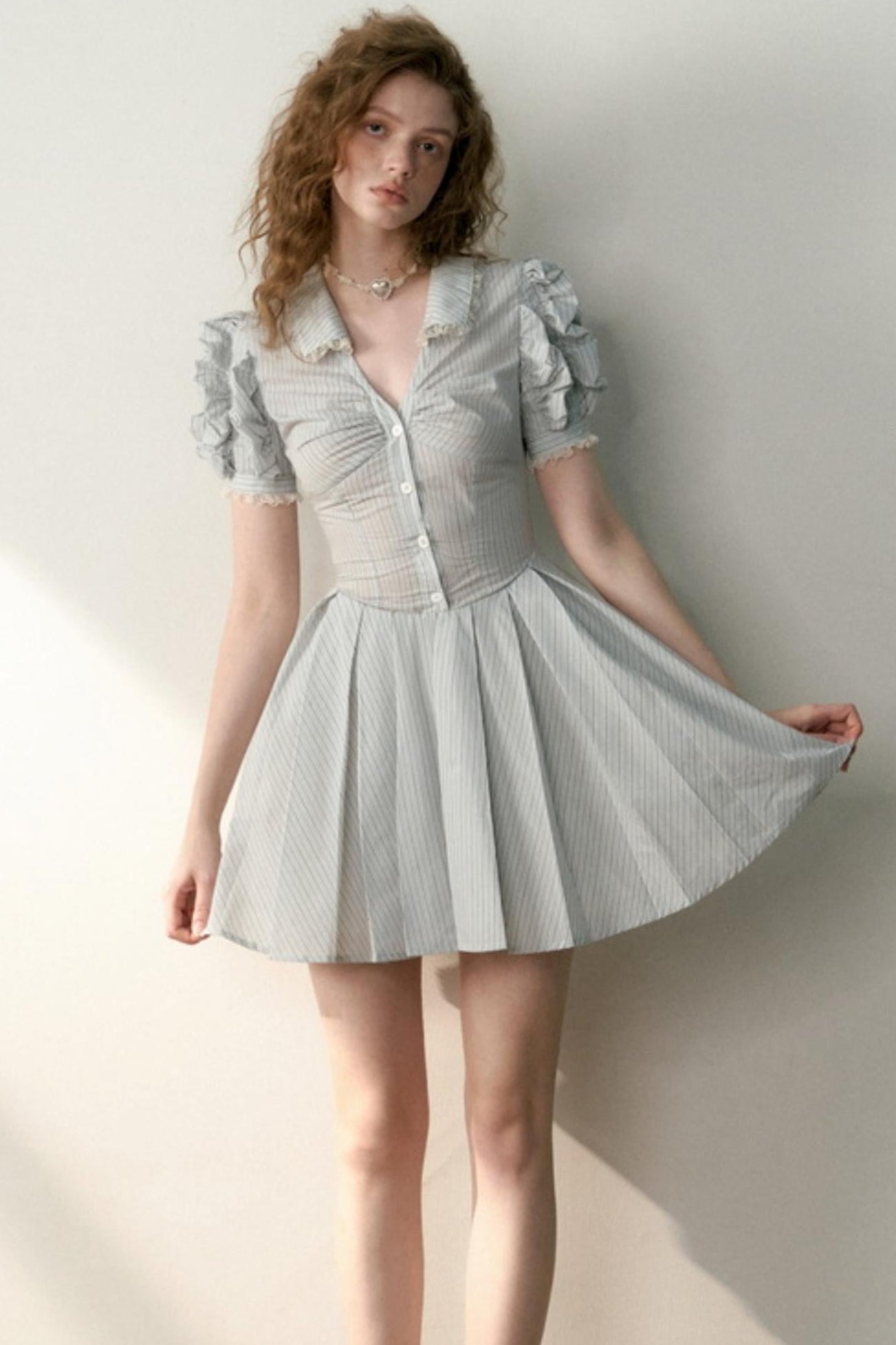 Blue Striped Bubble Sleeve Floral Pleated Dress