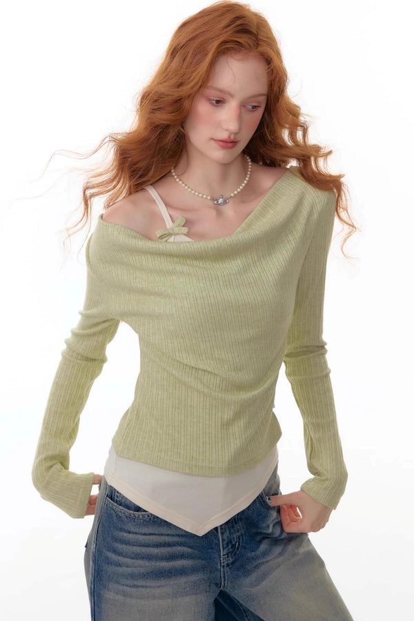 Swing Collar Fake Two Pieces Slim Top