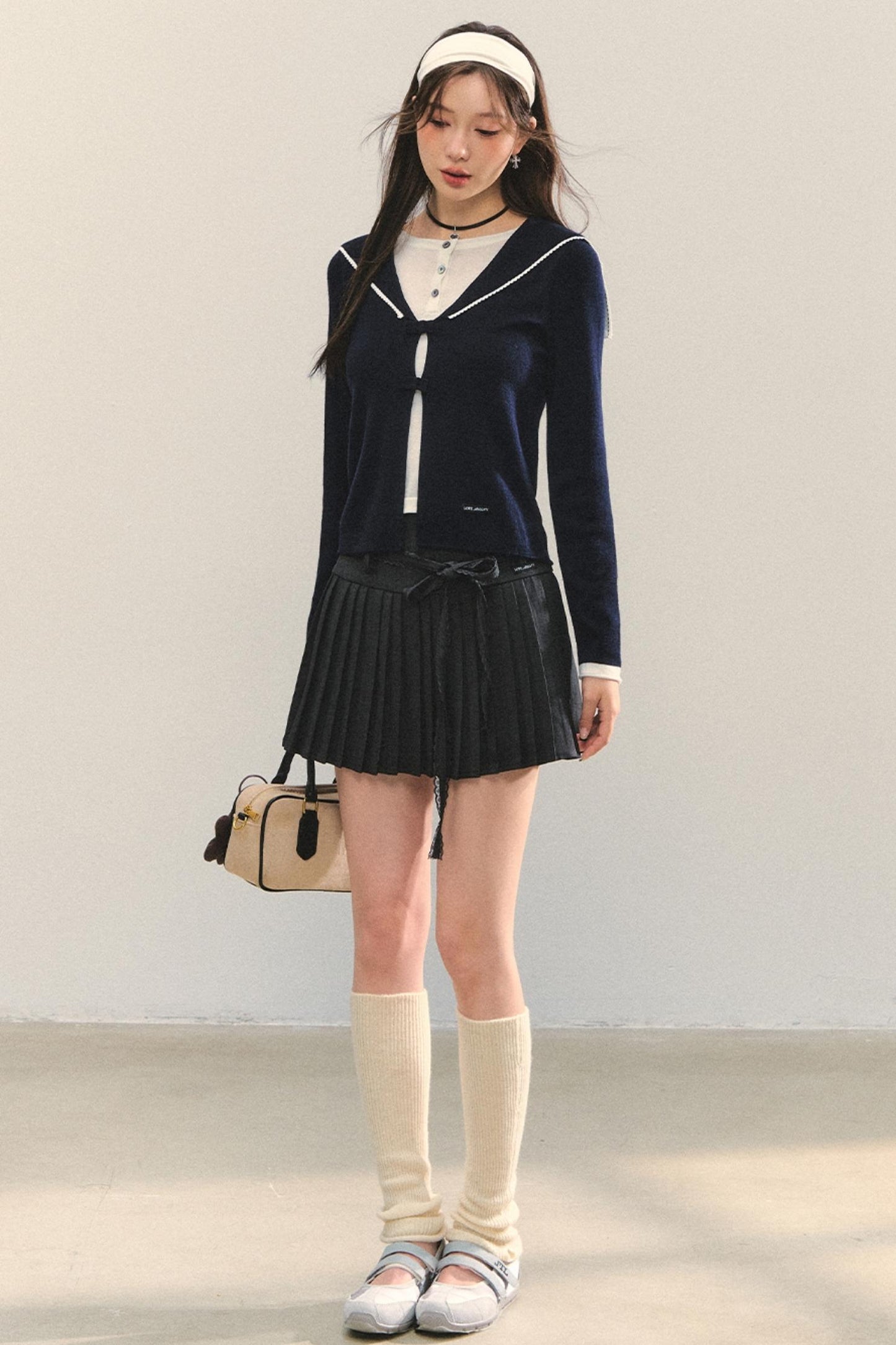 Sweet Navy Neck Knit Cardigan