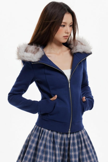 Fur Collar Slim Cotton Hooded Jacket