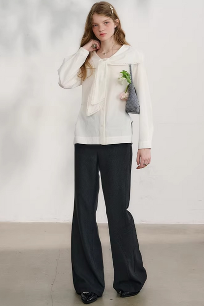 네이비 웨이브 레이스 블라우스