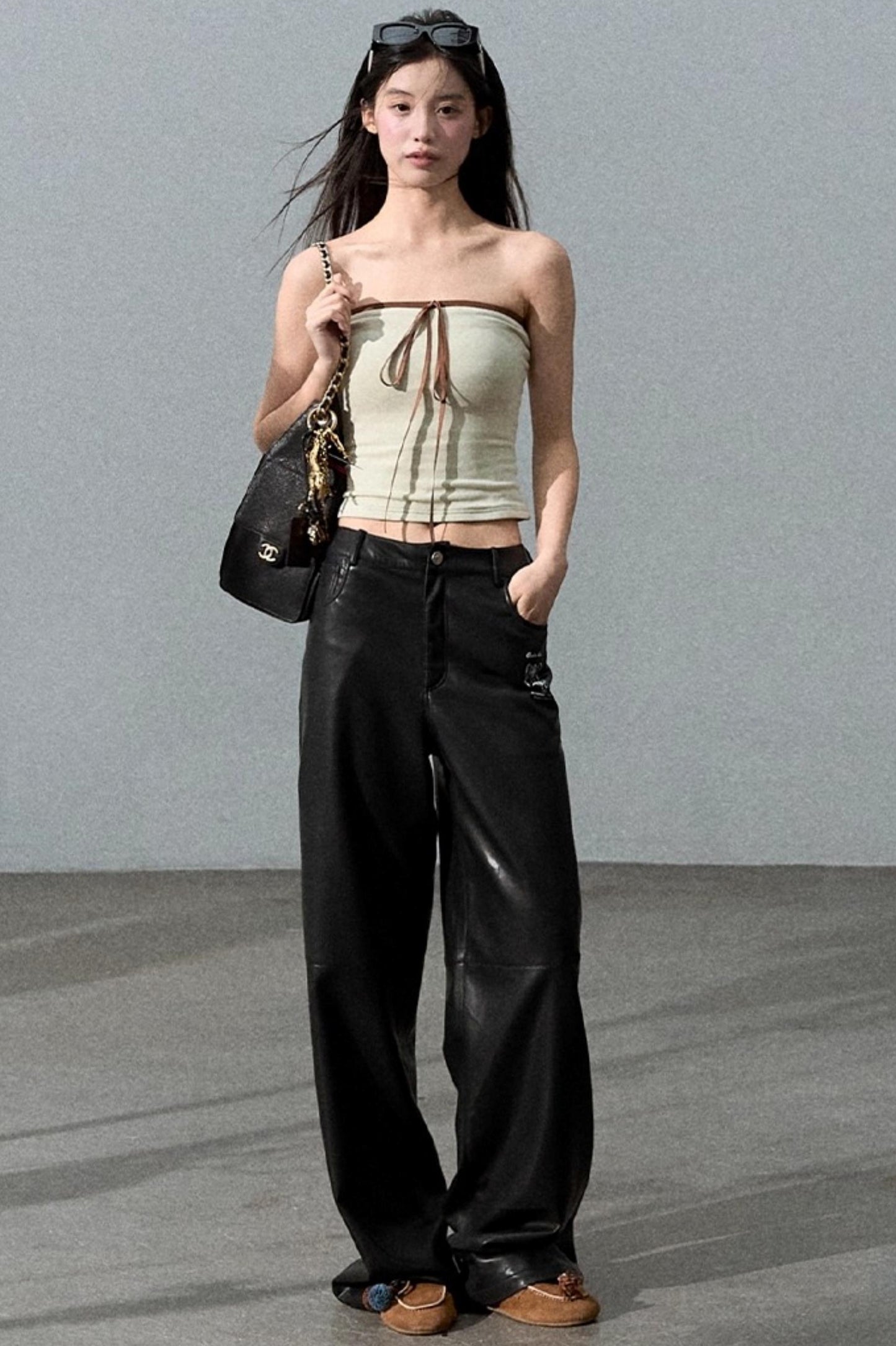 Retro Print Wide-leg Leather Pants