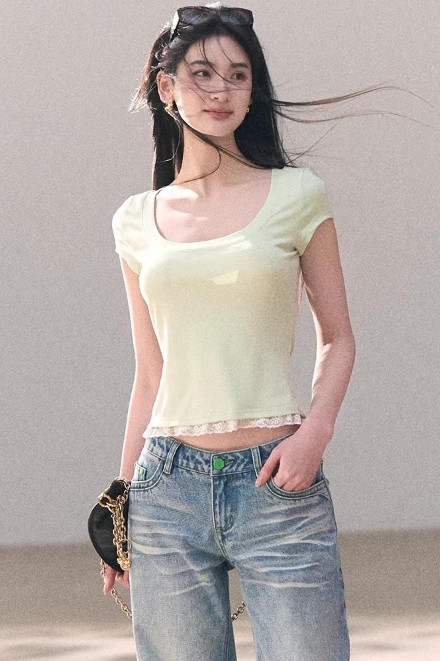 레이스 보헤미안 반팔 티셔츠