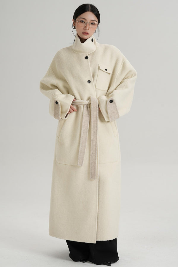 Temperament Design Color-Blocking Woolen Coat