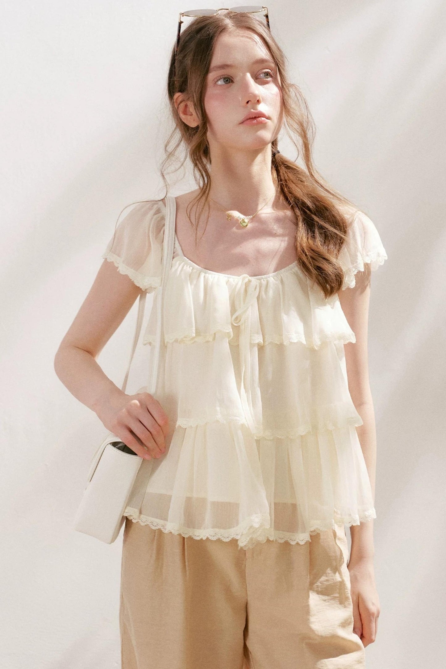 Square-Neck Chiffon Ruffle Blouse