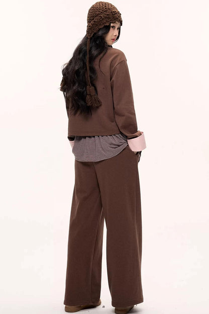 Peach Coffee Color Block Sweatshirt Set-Up