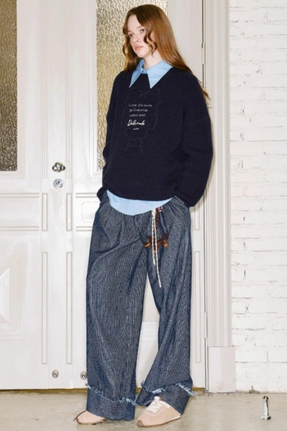 Ribbon Embroidery Crew Neck Sweater