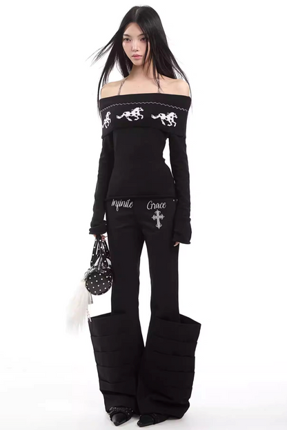 Schwarzer Strickpullover mit schulterfreiem Design