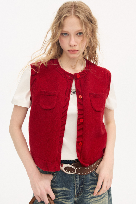 Round Neck Knitted Vest Cardigan