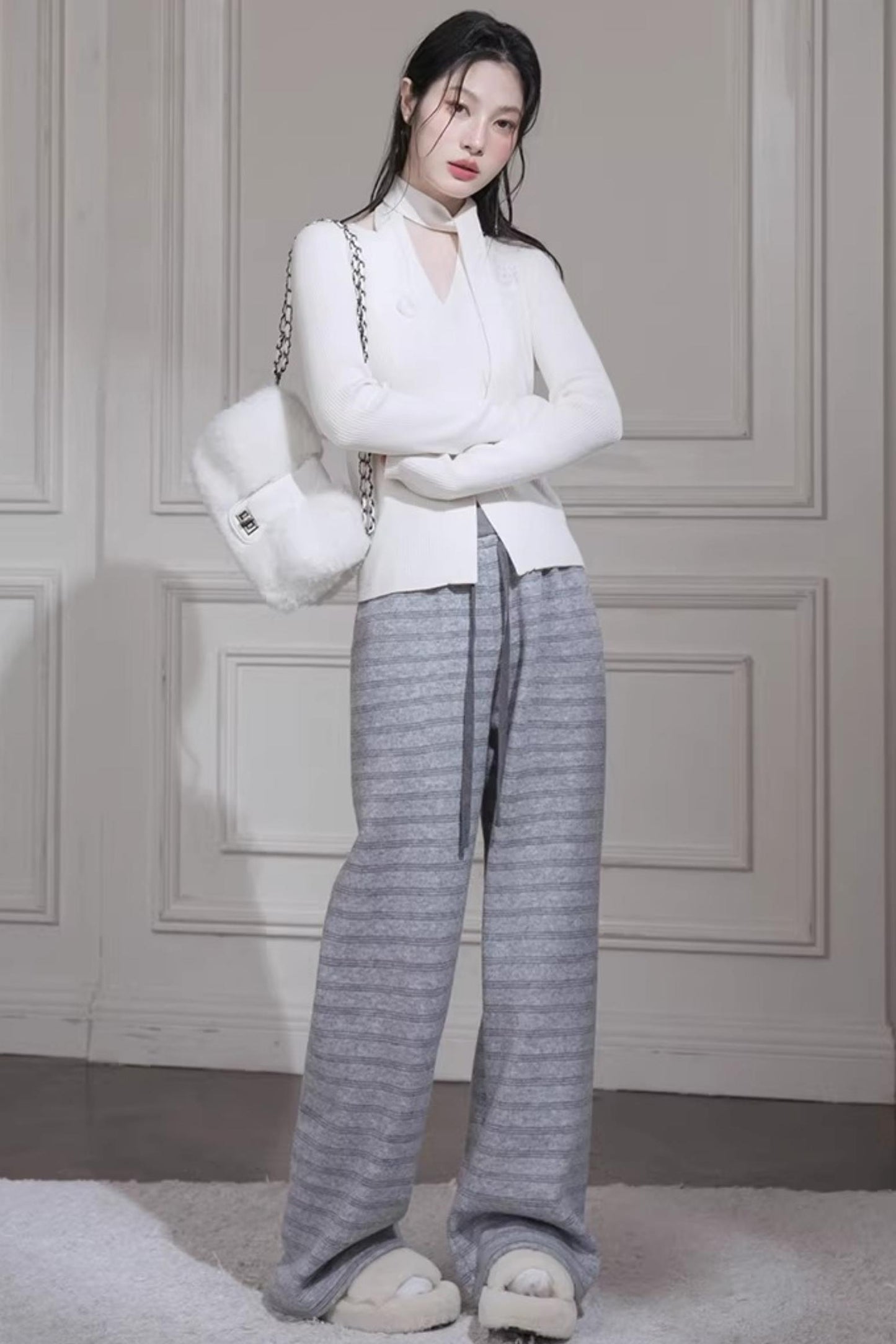 Wool Knit Striped Pants