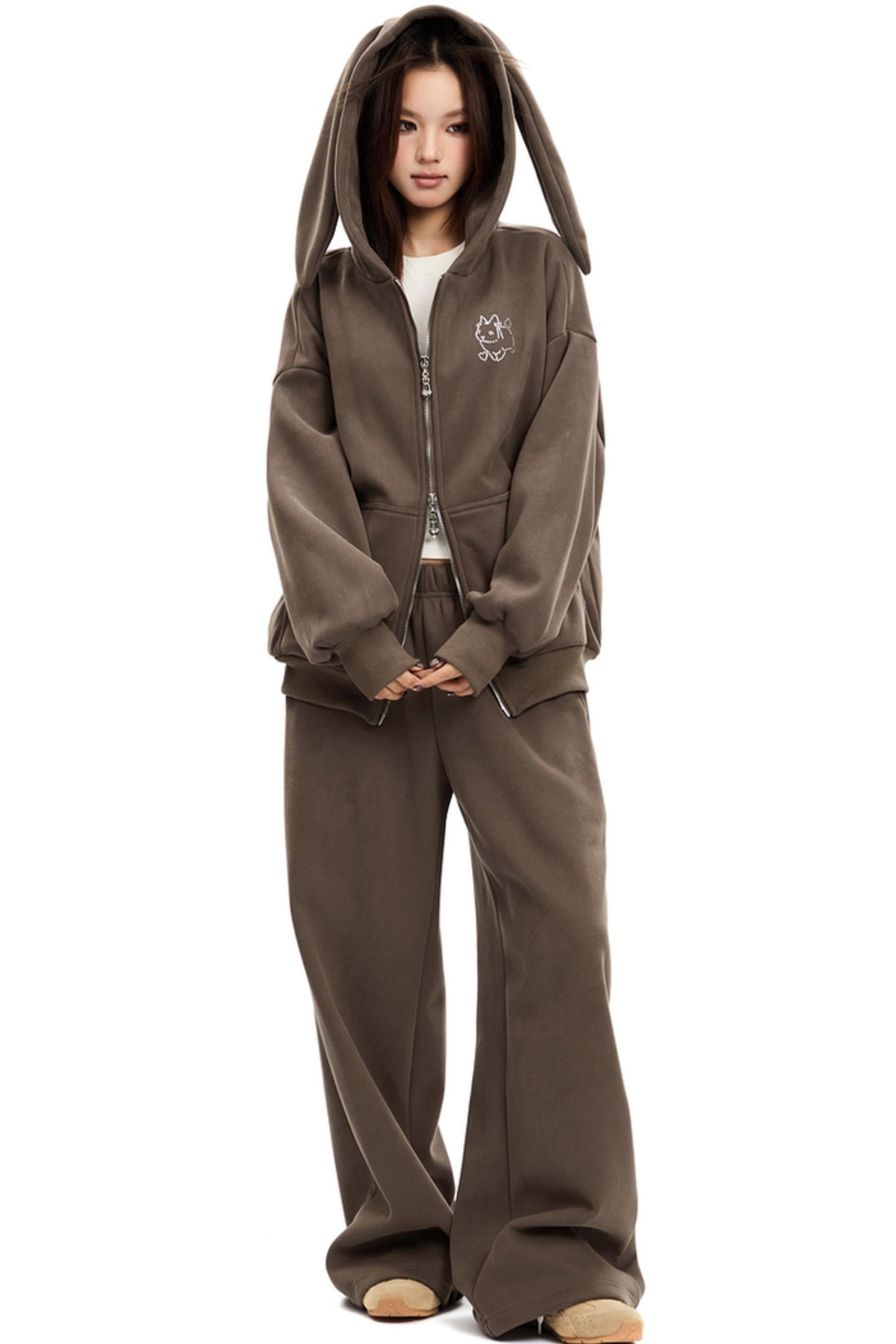 Bunny Ears Hooded Cardigan & Wide Pants Set-Up