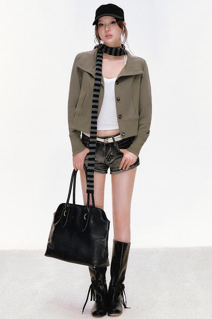 Vintage Stand-Up Collar Short Jacket