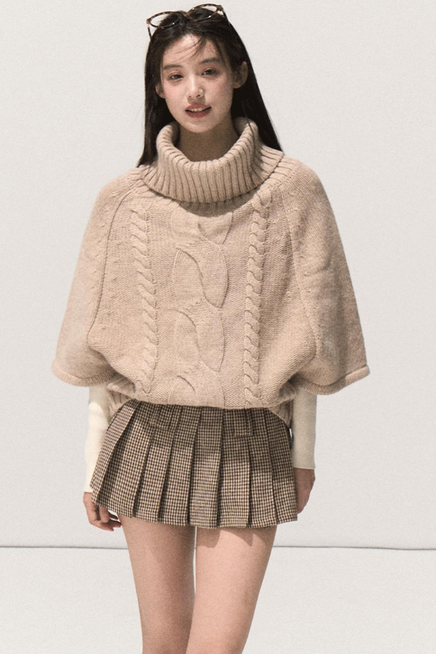 Wool Twist Knit Cape Sweater Top Skirt Set-Up