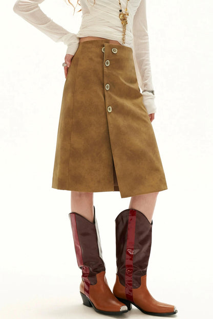 Irregular Waist Leather-Effect Button Skirt