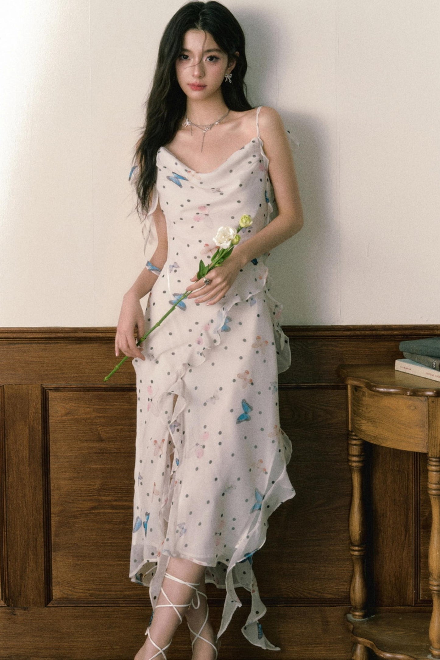 Butterfly Floral Halter Chiffon Maxi Dress