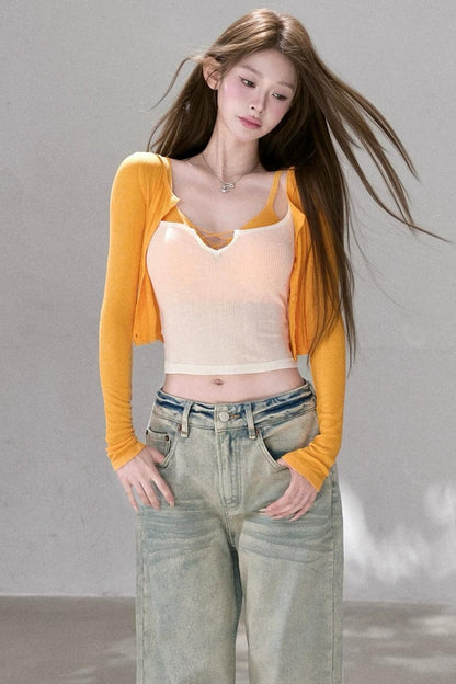 Textured Knit Cardigan Tank Top Three-Piece Set-Up