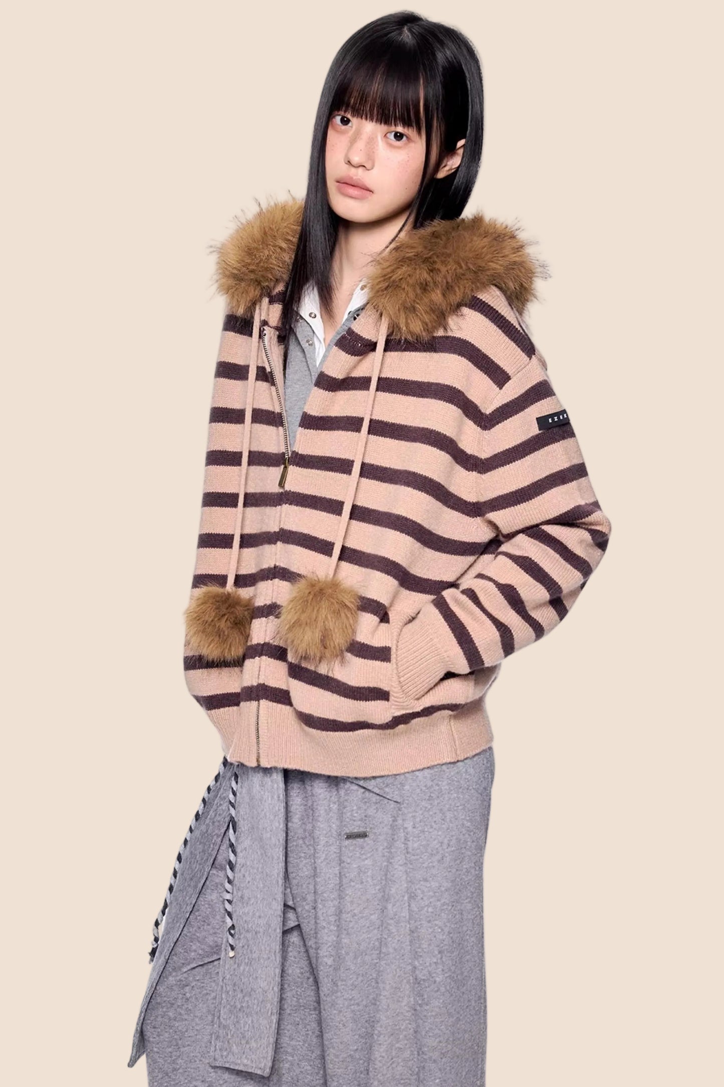 Fur Collar Striped Knit Cardigan