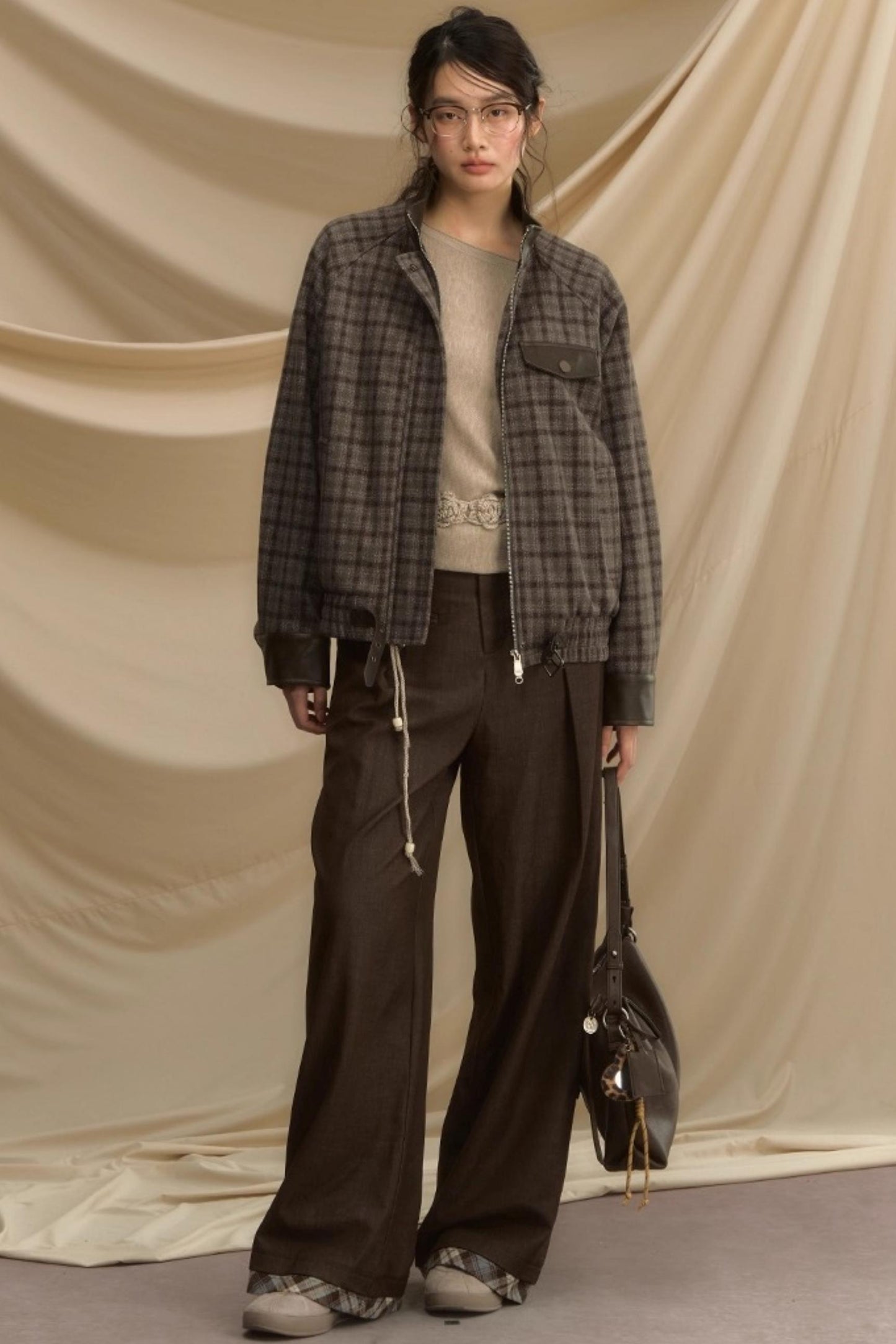 Stand Collar Plaid Woolen Jacket