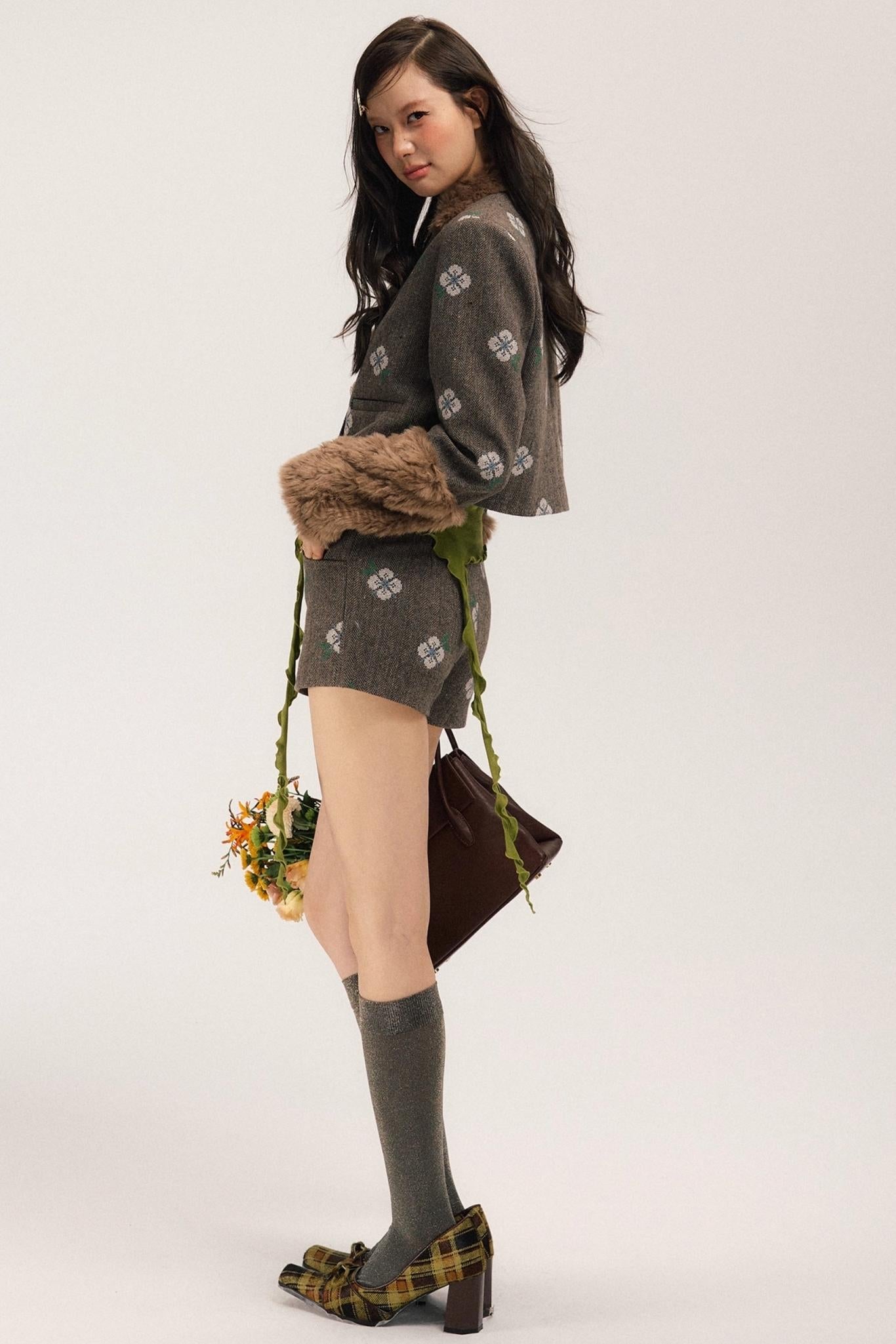 Retro Embroidery Tweed Fur Shorts Set-Up