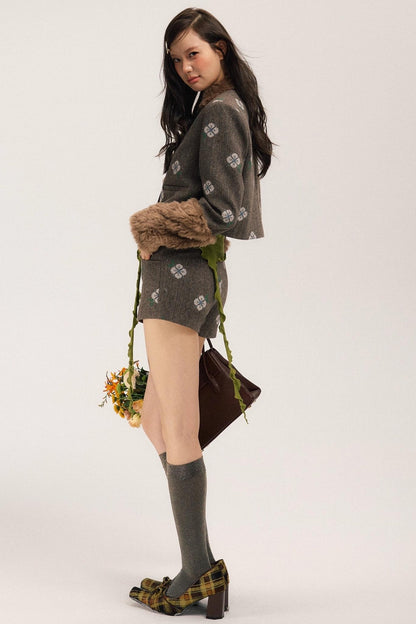 Retro Embroidery Tweed Fur Shorts Set-Up