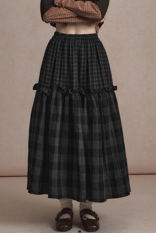 Retro Plaid High-Waisted Long Skirt