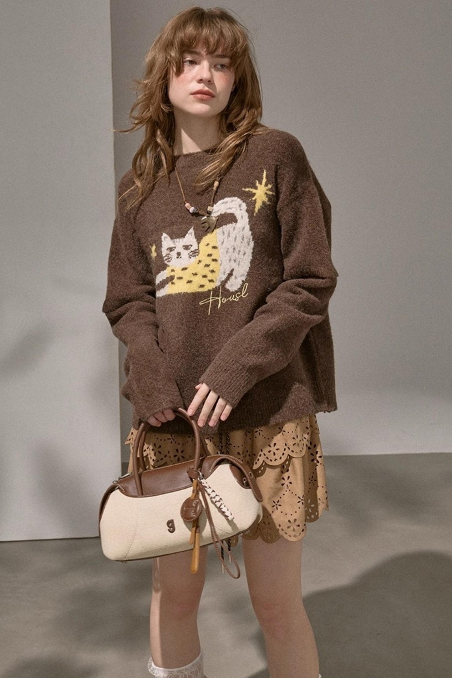 Cute Kitten Crew Neck Knit Sweater