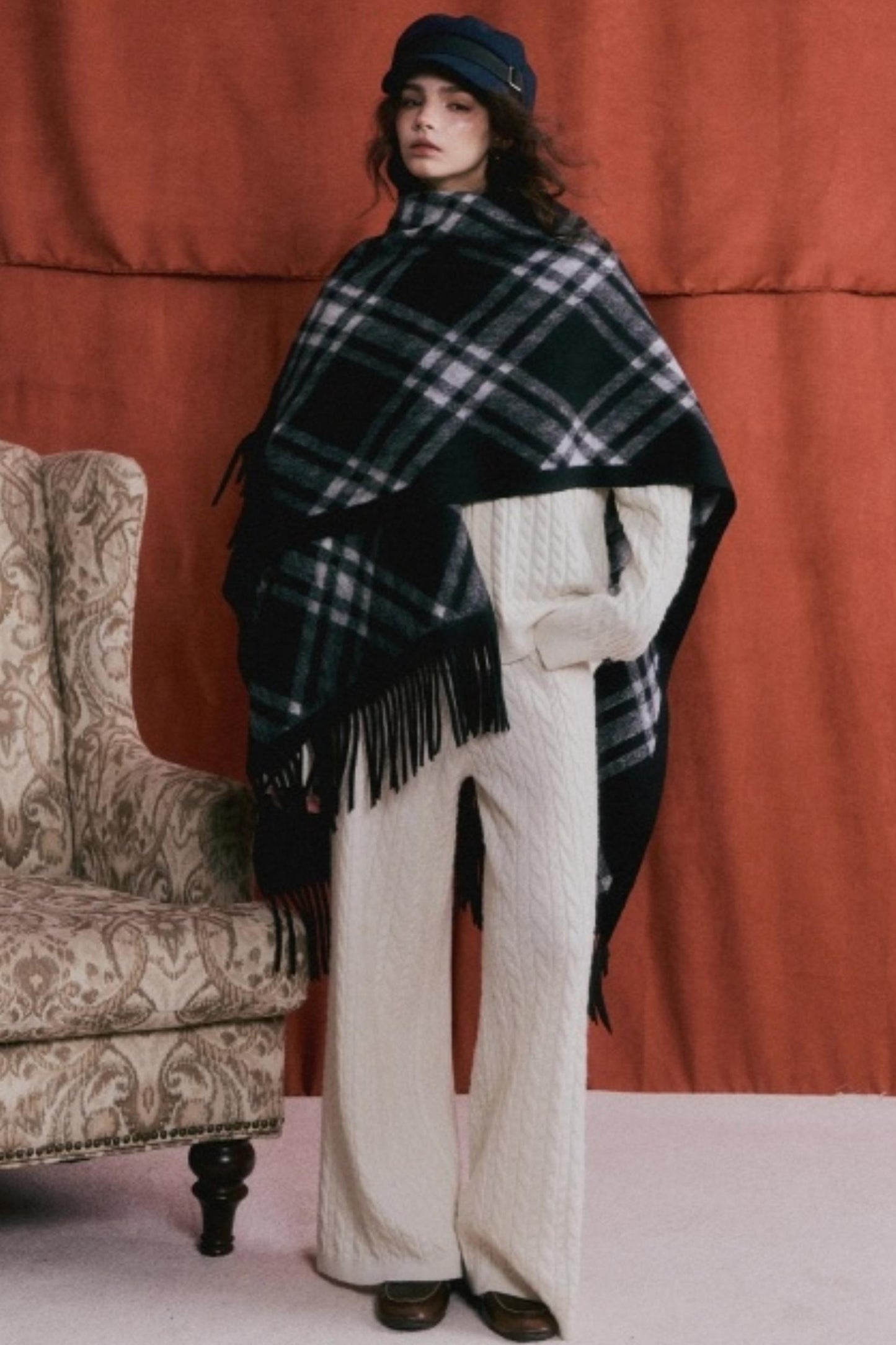 Retro Plaid Tassel Cape Shawl