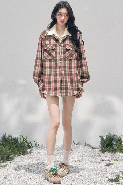 British Cafe Plaid Shirt and Short Skirt Set-Up