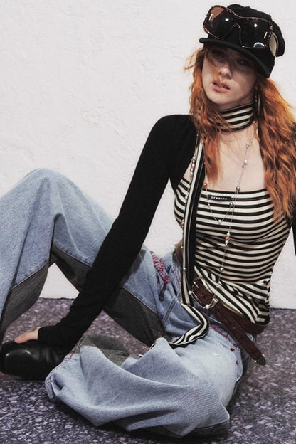 Fake Two Slimming Striped Knit Top