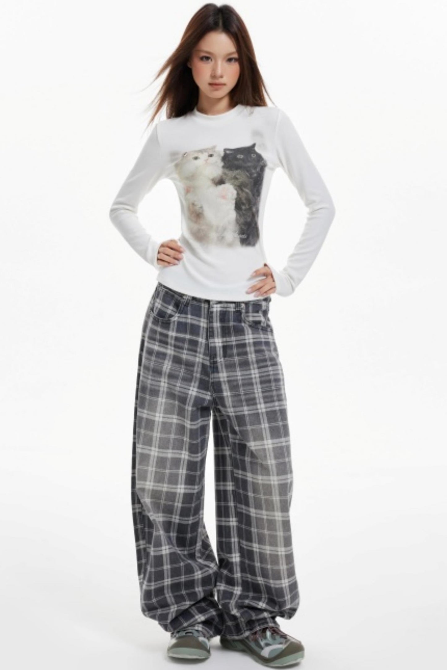 Cat Print Slim Knit Base Top